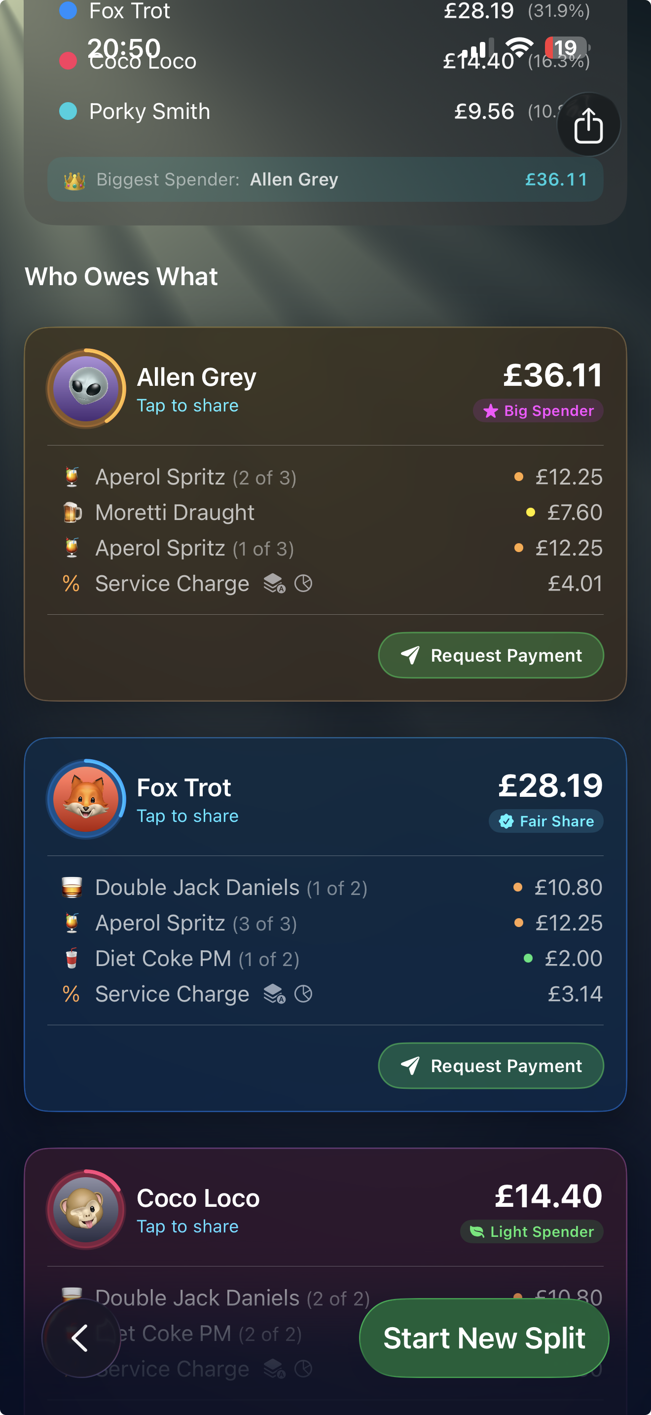 Pay button on the split complete screen