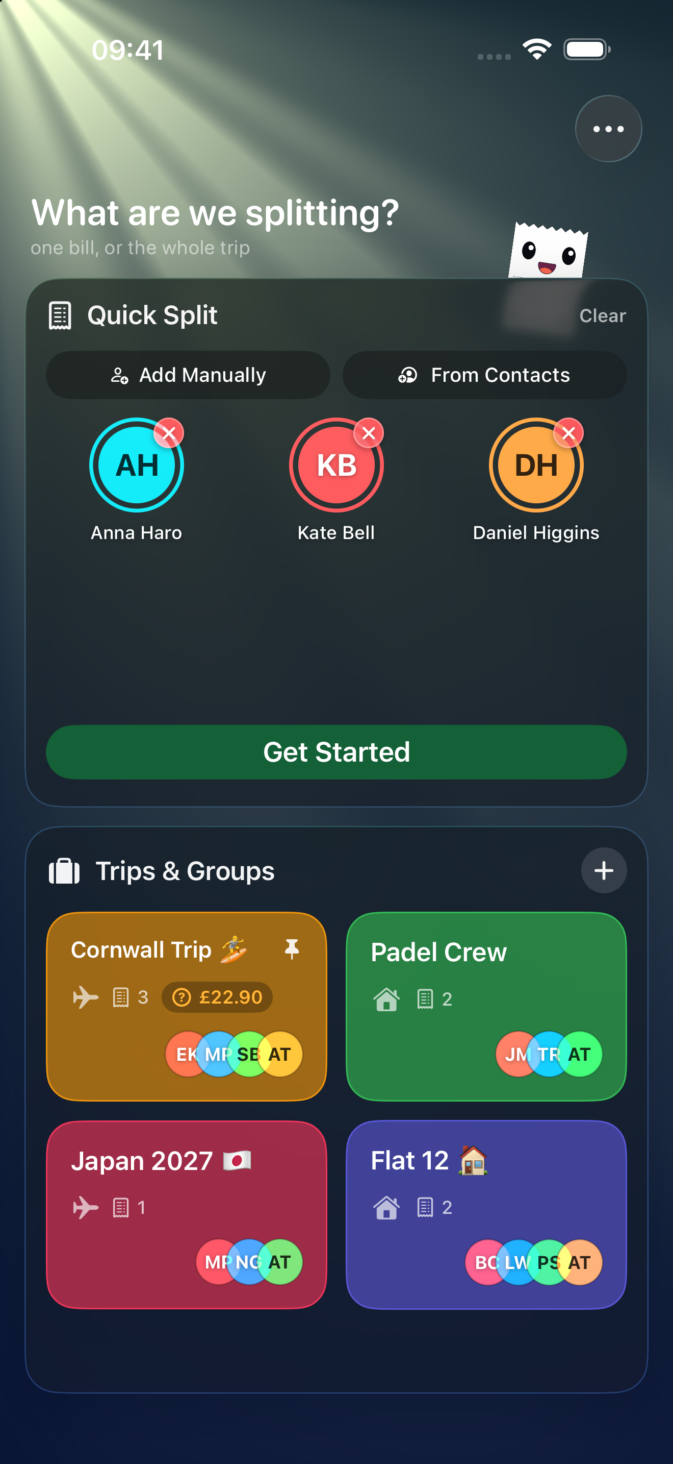 Cheque-Mate home screen — What are we splitting? Quick Split and Trips & Groups