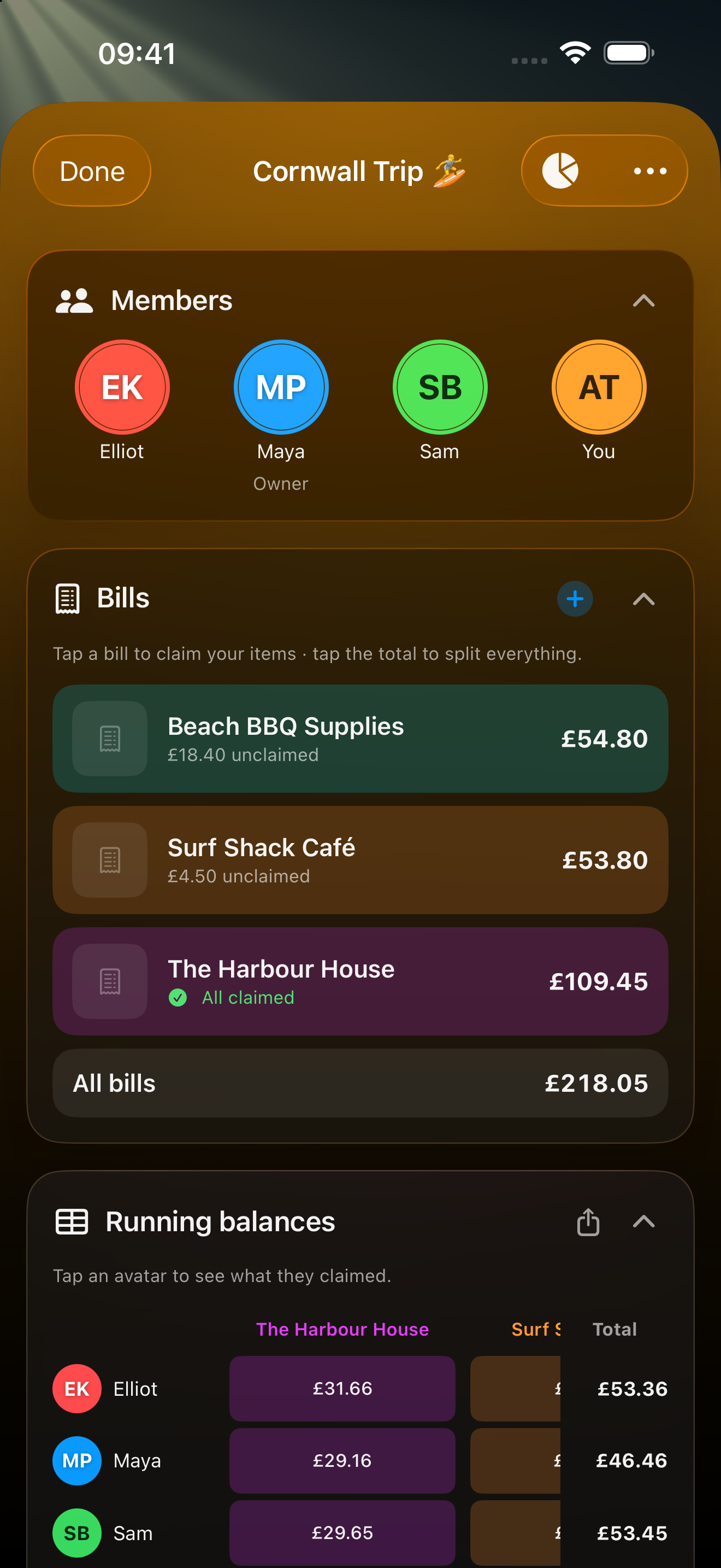 A trip folder — bills, members and running balances in one place